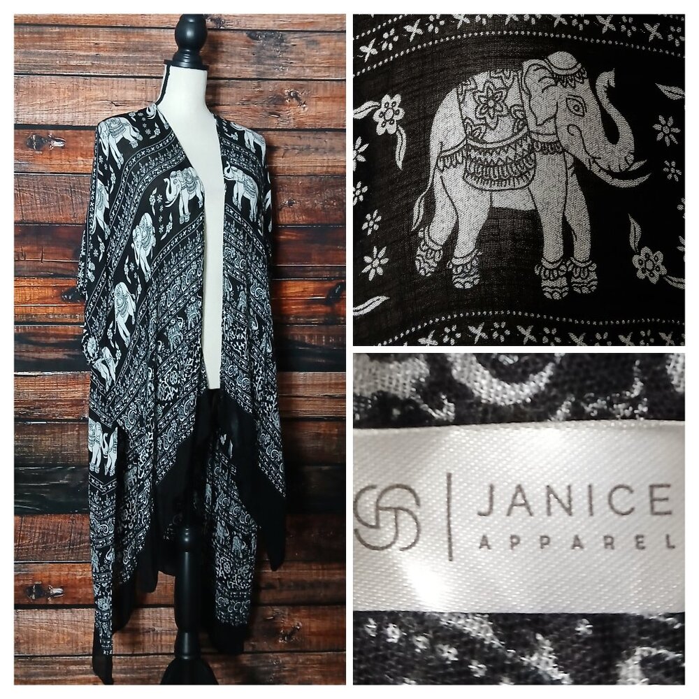 Janice Top One Size Bohemian Open Kimono Cardigan Duster Viscose Tribal Elephant